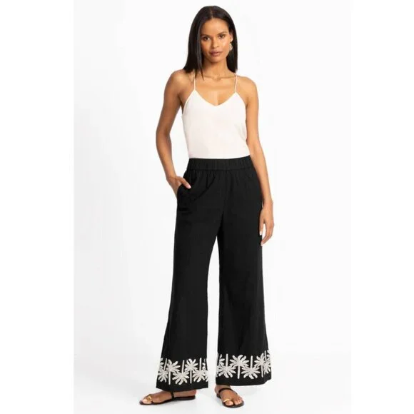 Johnny Was Workshop Hannah Black Palm Tree Embroidered Wide Leg Pants S NWT - Picture 1 of 9